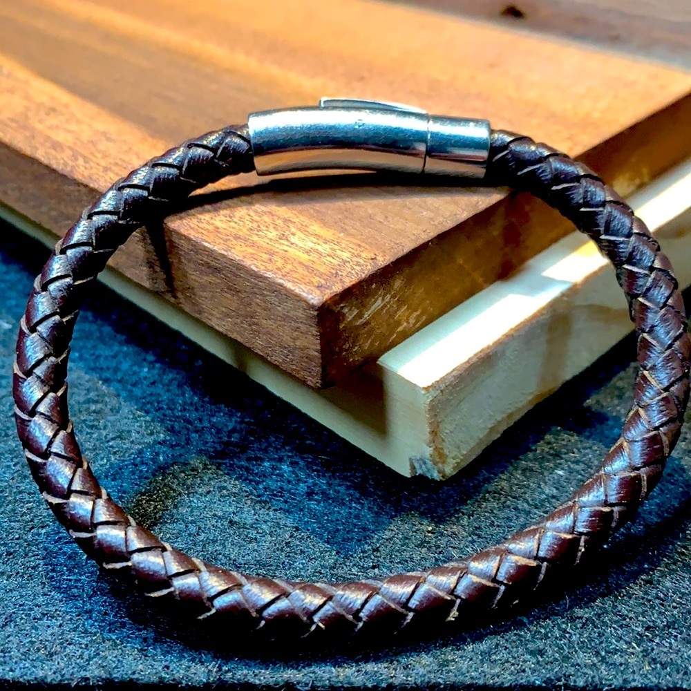 Men’s Woven Leather Bracelet with steel clasp 8”
